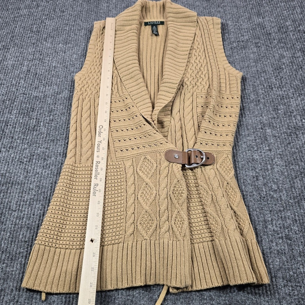 Lauren Ralph Lauren Sweater Vest Womens Medium Beige Cable Knit Belted Buckle - Picture 5 of 8